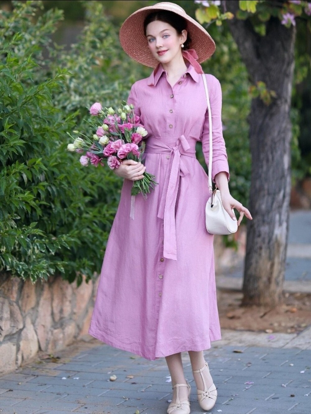 Women's Blush Pink 100% Linen Shirt Maxi Dress